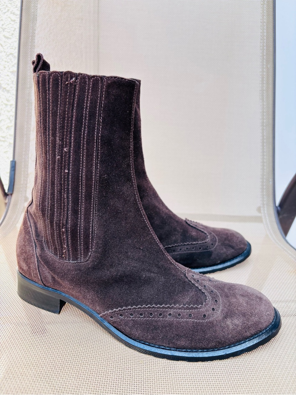 Jenrigò Suede Brogue Wingtip Chelsea Boots Italy Made Style 38.5 Dark Brown